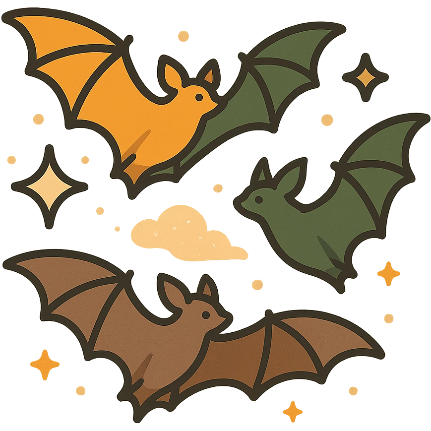 A group of flying bats in mid-air, illustrated in a stylized, artistic way using a warm, earthy color palette: golden orange (FA9B41), deep forest green (4A7C5C), muted taupe brown (96775A), and soft pastel peach (FFCC9A). The bats have sleek wings with subtle color gradients, and their bodies are small and streamlined, featuring elegant silhouettes. The sky around them has a magical, twilight glow with faint sparkles or mist, enhancing the enchanted atmosphere. The overall style is whimsical and soft, with a balance between natural and fantastical elements. emoji