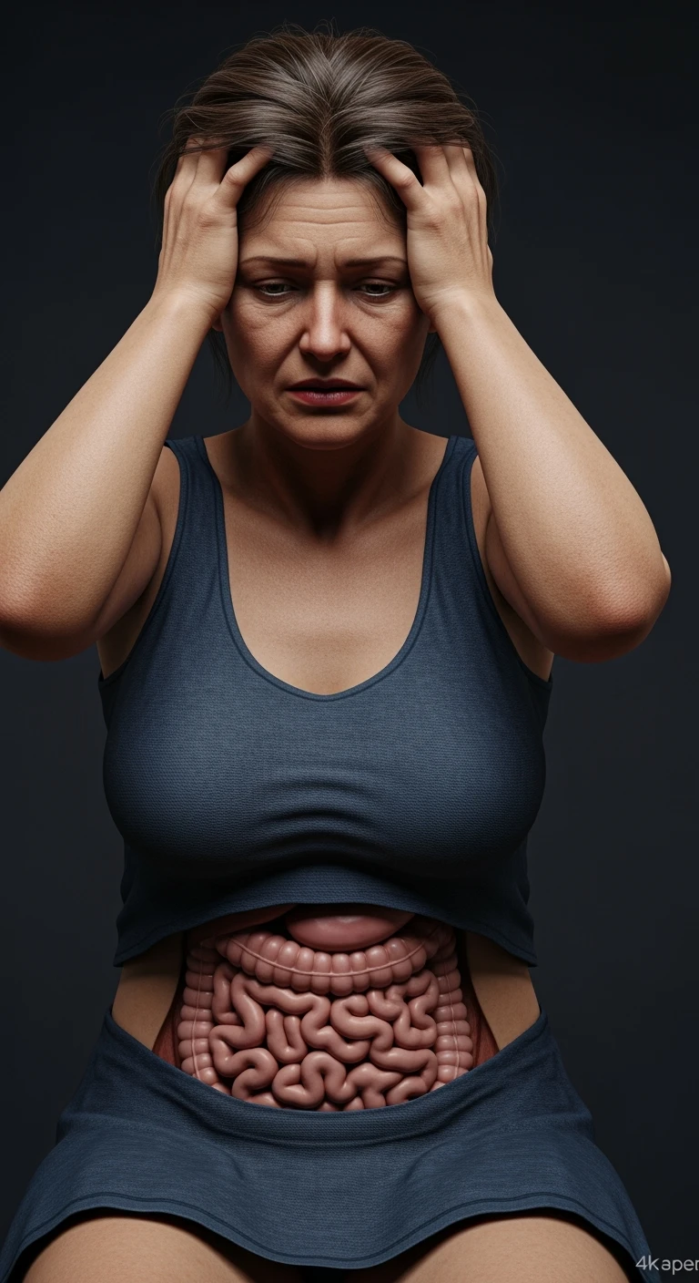 DONNA stanca con intestino realistico in evidenza che si tiene le mani sulla testa, iperrealistici 4k, non disegnati emoji