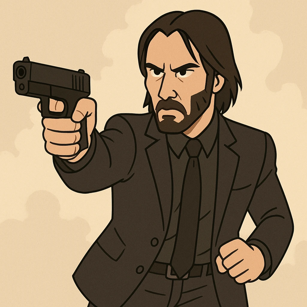 John Wick, action hero, dark suit, intense expression, cartoon style emoji