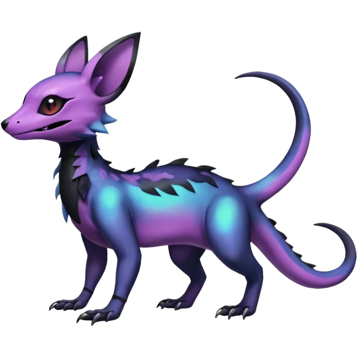 Rare epic aesthetic iridescent spooky gloomy colorful Salandit-Noibat-Eevee-Genet-species-Fakemon-hybrid-creature, with markings, full body emoji