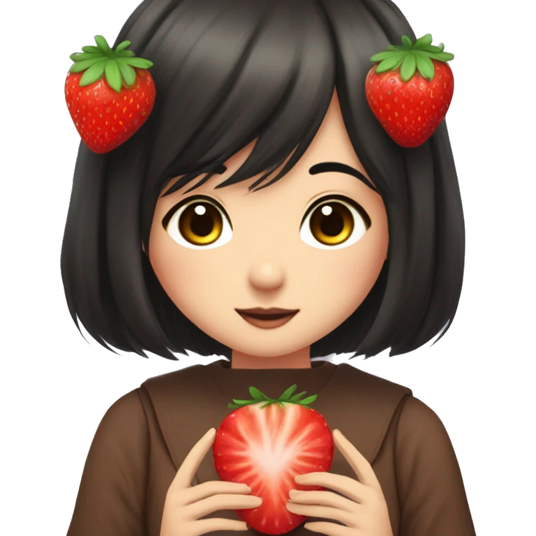 Anime-Style Eyes. Lady. Kawaii. Cottagecore. Brown Skin. Black hair. Hold a giant strawberry emoji
