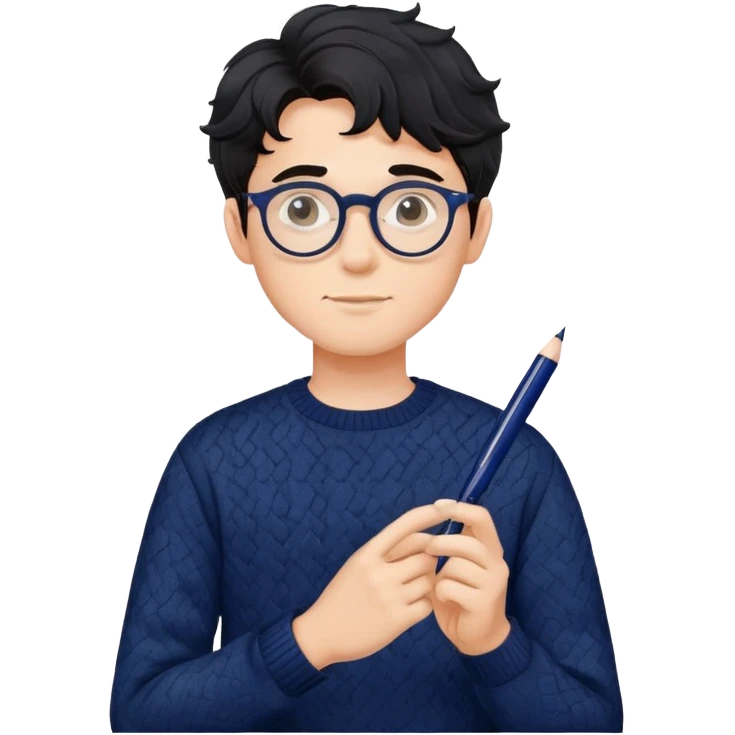 Young creative man with round glasses, wavy black hair, navy blue sweater, with pen in hand emoji