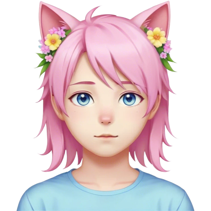 Pastel effeminate young femboy man with pastel pink shiny hair, pink cat ears, pastel yellow blouse, blue eyes, cute, gorgeous, anime, catboy, romantic, beautiful, flowers, aesthetic emoji