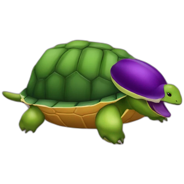 aubergine sur une tortue avec une tete de mangue emoji