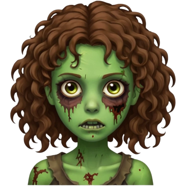 Faça uma garota zombie de cabelo cacheado castanho, olhos castanhos escuro e pele verde d zombie, com o cabelo abaixo do ombro emoji