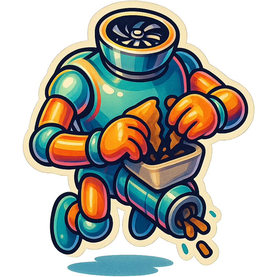 hovering robot. stuffs material into large hole on its top with 2 arms. no head. hole is where a head would be. spinning gears and blades in hole grind material.  3/4 view. between realism and cartoon. well lit. no dramatic lighting. metallic shiny robot. works diligently. drake humor emoji