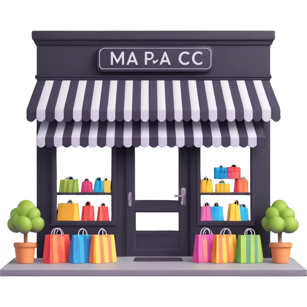 friendly storefront with striped awning and shopping bags at the entrance, pastel colors emoji
