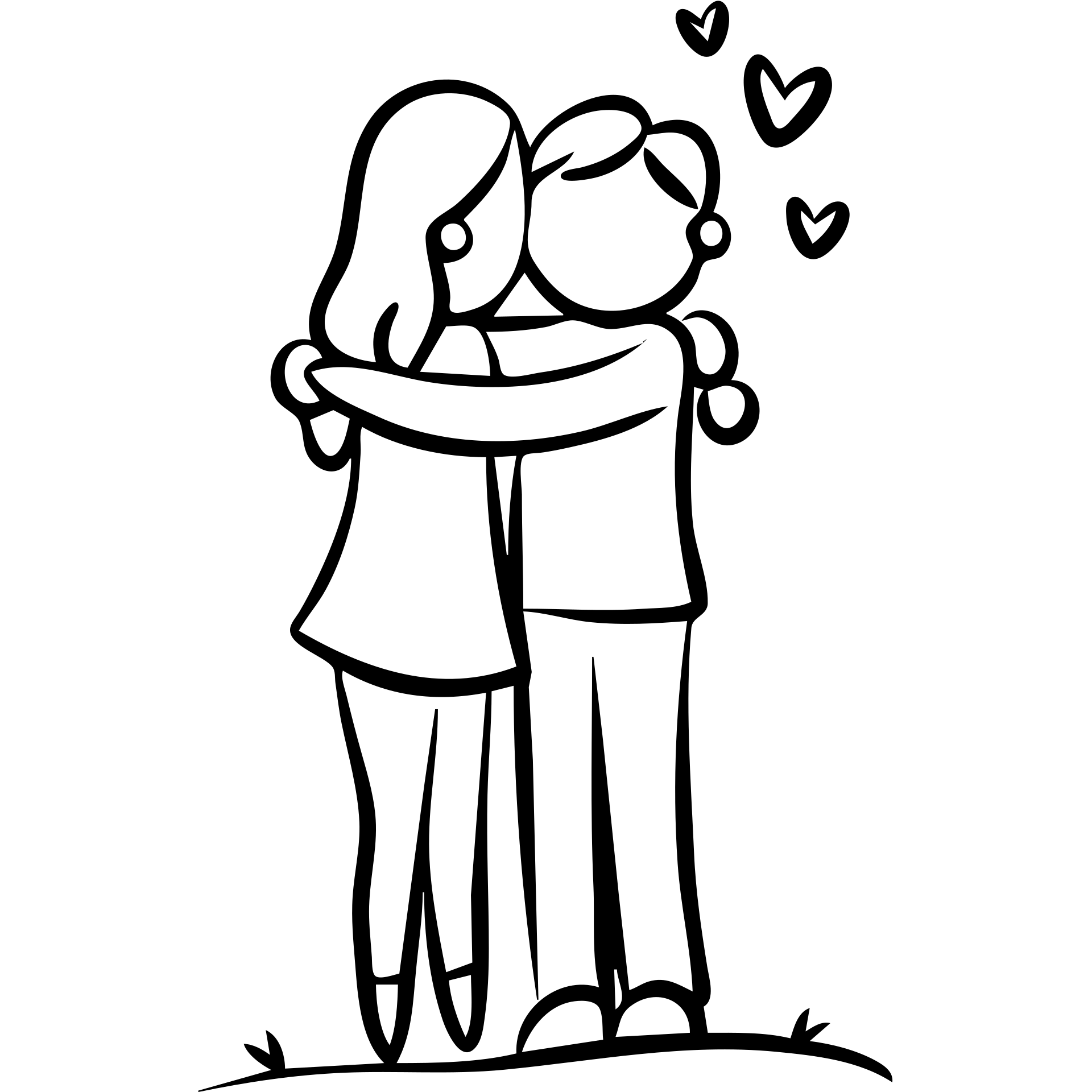 Hand drawn sketch of two people hugging with a heart, "Iubind pe cineva" emoji