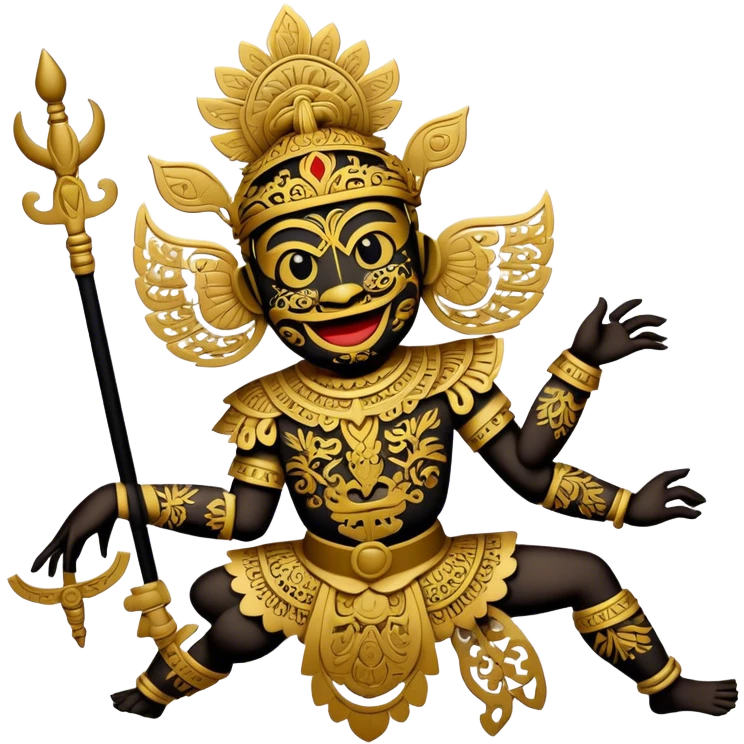 Cinematic Realistic Wayang Kulit Emoji, depicted as an intricate shadow puppet with detailed cut-out figures and traditional patterns, rendered with crisp textures and dynamic cultural lighting that captures its ancient artistry. emoji
