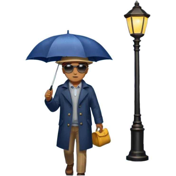 Man with umbrella , streetlight reflection, Midnight Wanderer. emoji