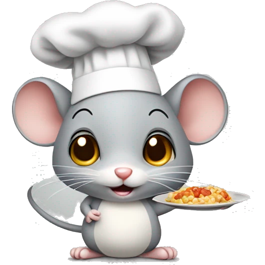 cute grey mouse with a cooking hat and a dish of food emoji
