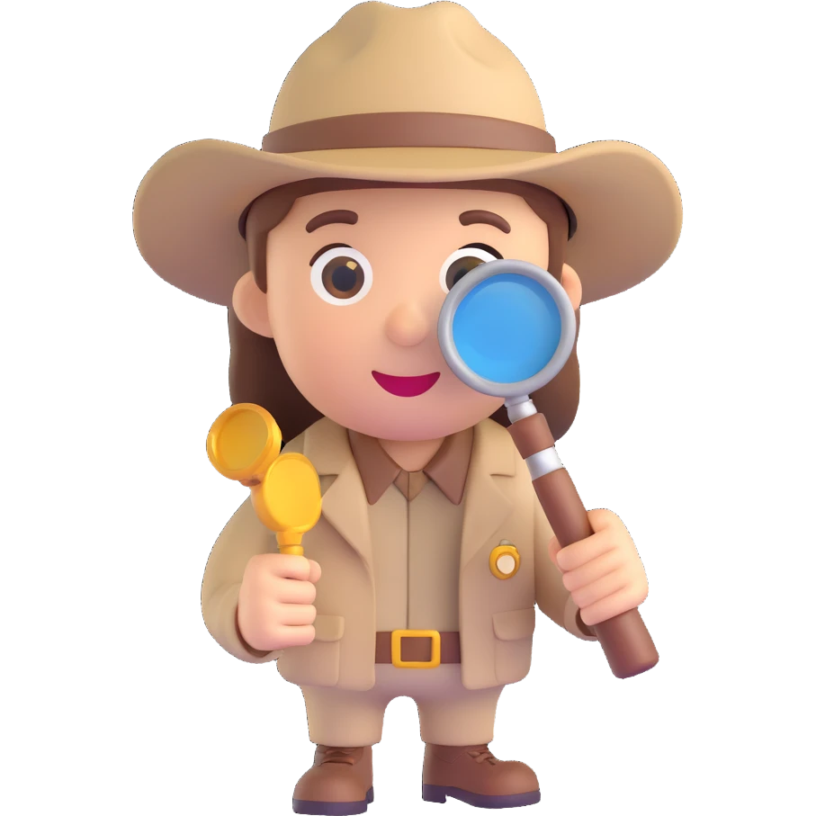 3D emoji style explorer with a magnifying glass and safari hat emoji
