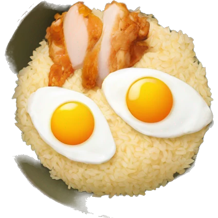 a bowl of rice with two eggs and chicken thigh emoji
