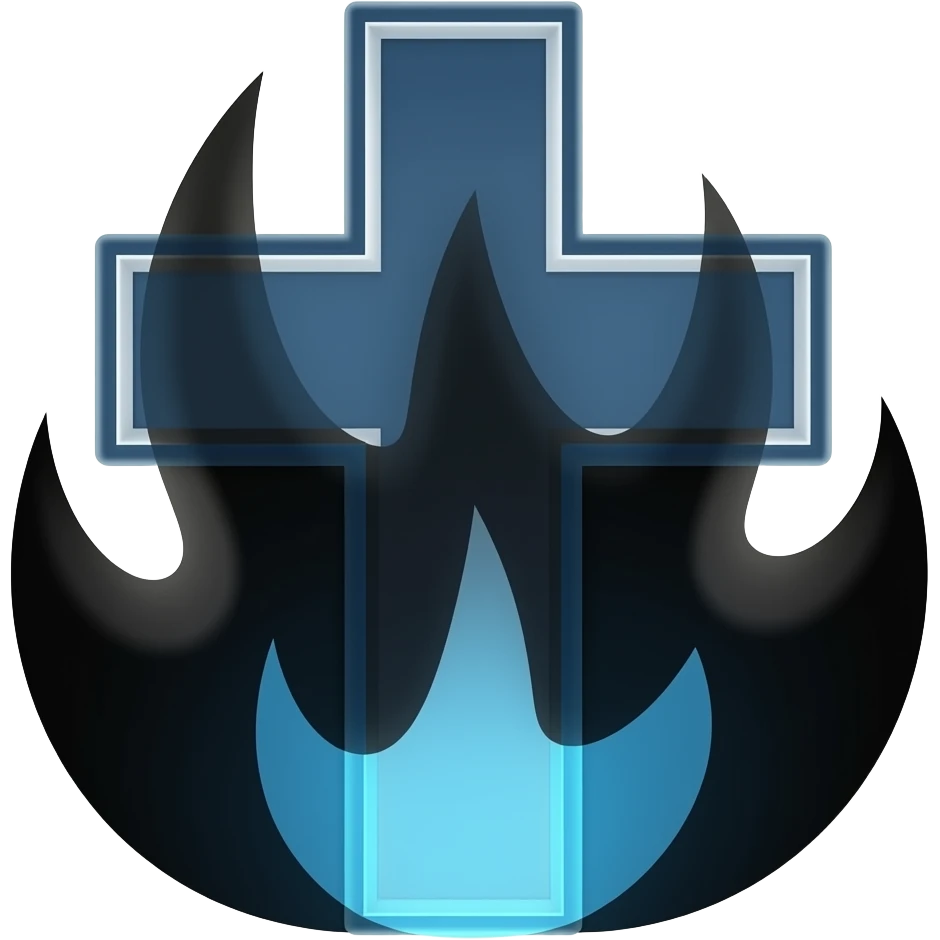 faça uma cruz azul escura saindo fogo preto dela, emoji