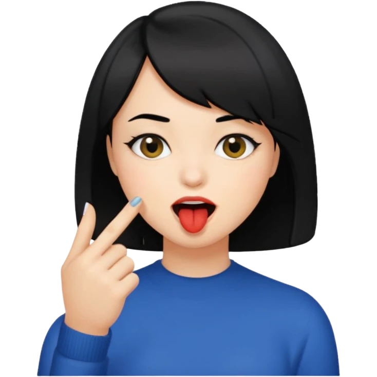 Chicas con pelo negro y corte bob haciendo que se muerde uno de sus dedos de manera picara, puedes hacer que se muerda el dedo sin sacar la lengua gua emoji