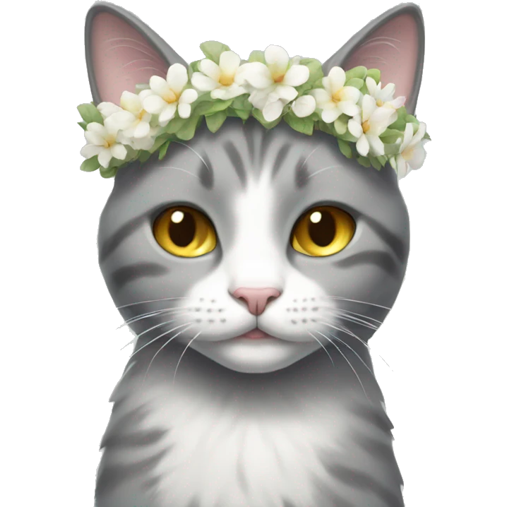 Gray and white cat with flower crown emoji
