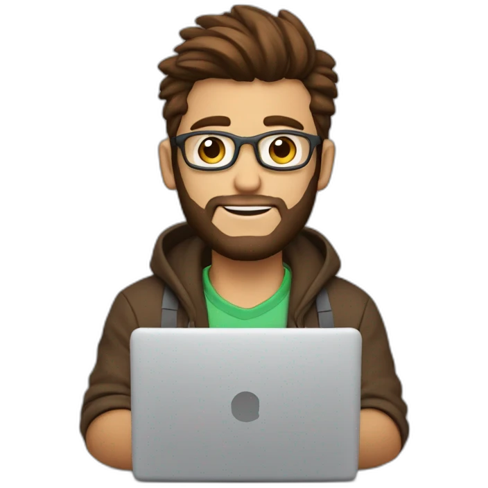 Cute programmer on his laptop looking front with a brown quiff as a hair and brown eyed with a bit of a beard emoji