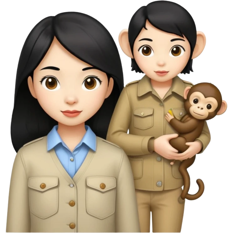 an asian girl with black hair with a cute monkey in her pocket emoji