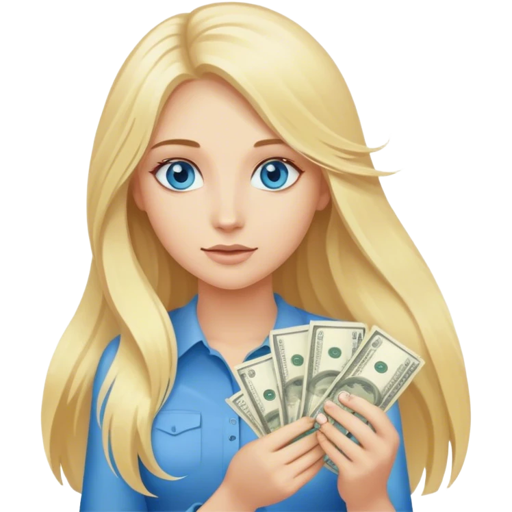 Cinematic realistic blonde with long hair, blue eyes holds money in her hands emoji