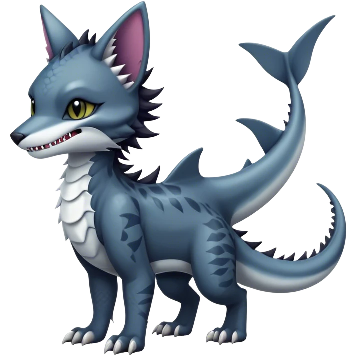 Kawaii dark edgy fantasy feline-vernid-sergal-fursona animal creature with a shark-tail with tufted ears full body with cool sharp markings  emoji