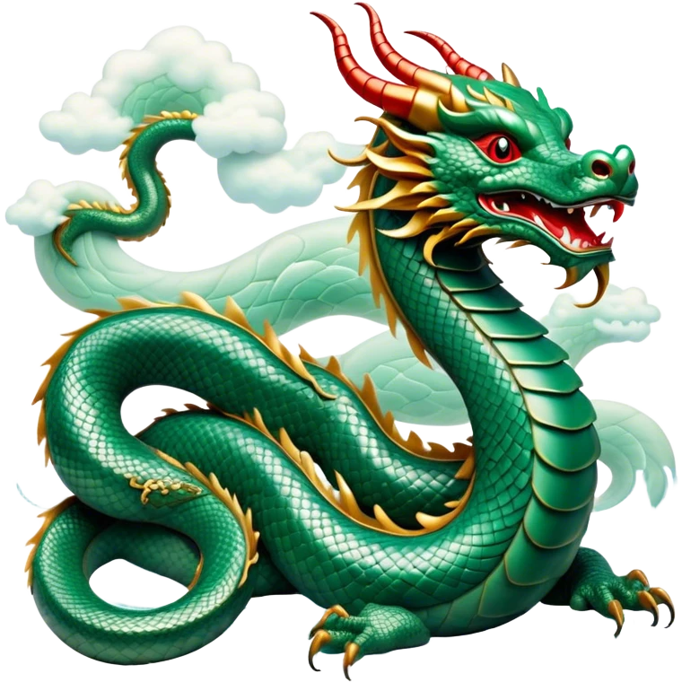 Cinematic Noble Chinese Serpent Dragon Portrait Emoji, Poised and majestic, with a sinuous, serpentine body adorned in intricately detailed scales of shimmering jade and soft vermilion, accented by delicate cloud motifs and subtle water ripple patterns; rendered with lifelike texture and gentle natural highlights, high shine, wise and enigmatic, styled with an aura of ancient dynastic grace, focused and regal, soft glowing outline, capturing the essence of a revered celestial dragon that appears ready to glide gracefully through the mists of time! emoji