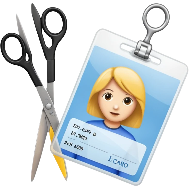 Scissors cutting ID card in 2 parts. Realistic emoji