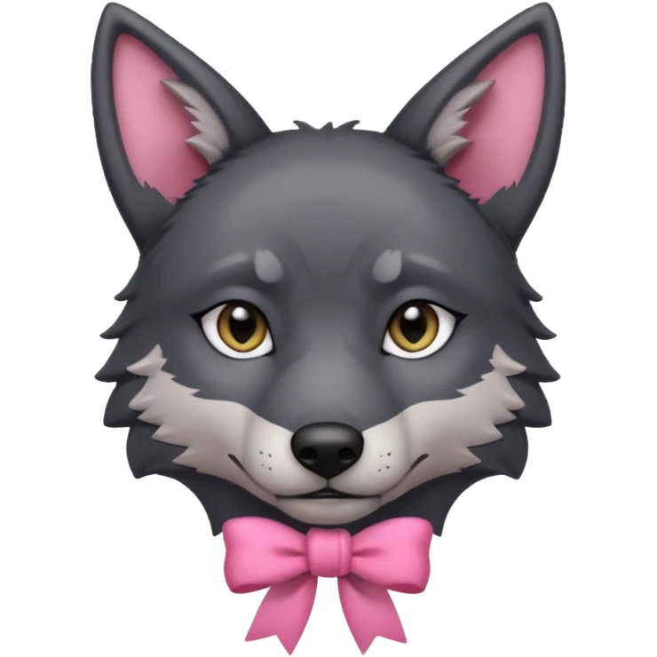Pleading sad Face cute dark grey  black wolf with a pink ribbon on his ear head emoji