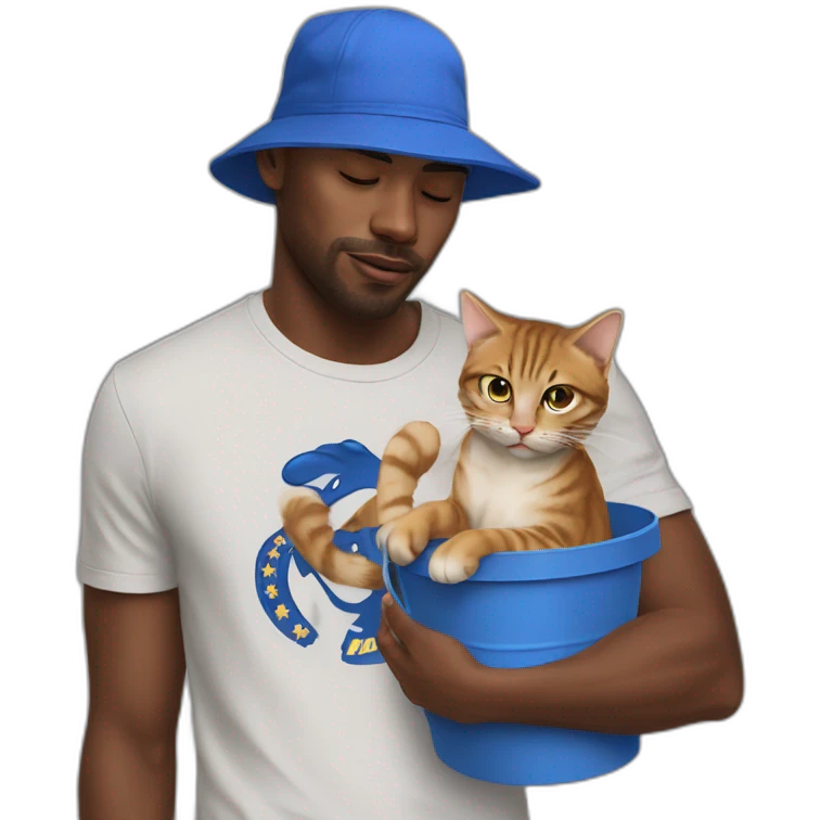 Man stroakig a cat in his hands wearing a chelsea t shirt and a blue bucket hat crying emoji