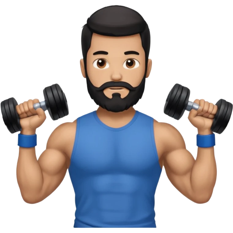 generate an ios genmoji of a 20 year old tan boy with long long long black beard that reaches his chest. Big biceps. wearing a blue shirt that fits his arms and carrying a dumbbel emoji