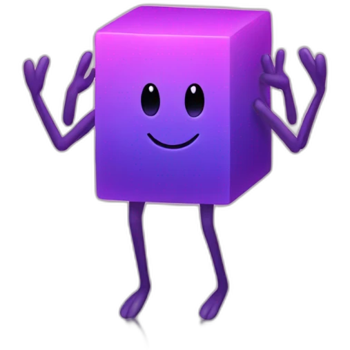 purple gradient colored cube long hands and long legs and a smile emoji
