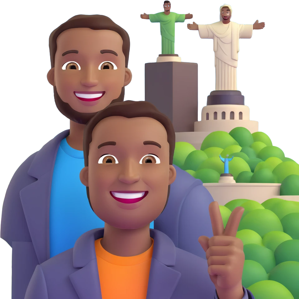 smiling black man with big teeth, standard male haircut, oval face, with Christ the Redeemer statue in the background, Rio de Janeiro, no glasses emoji