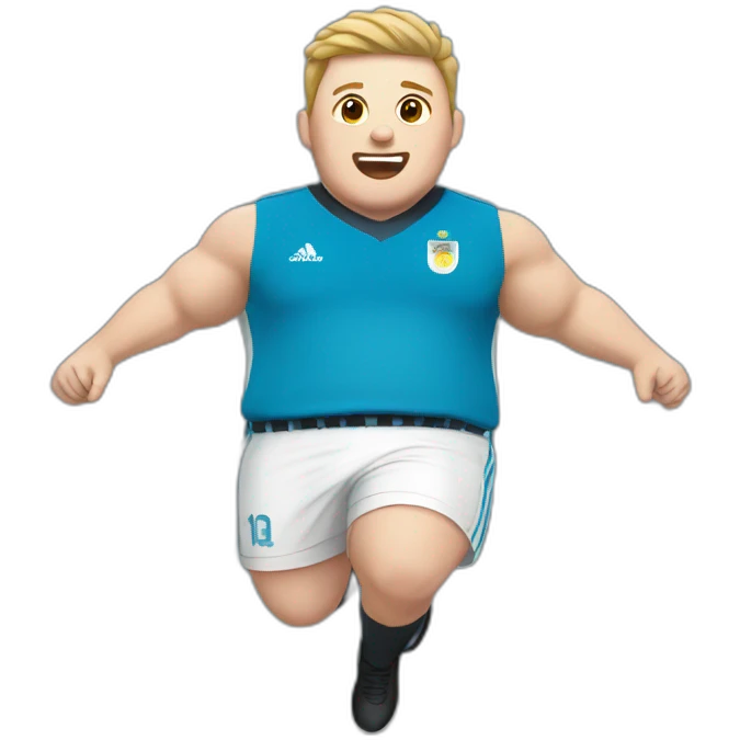 Short hair, obese white man jumping. argentina team uniform.  emoji
