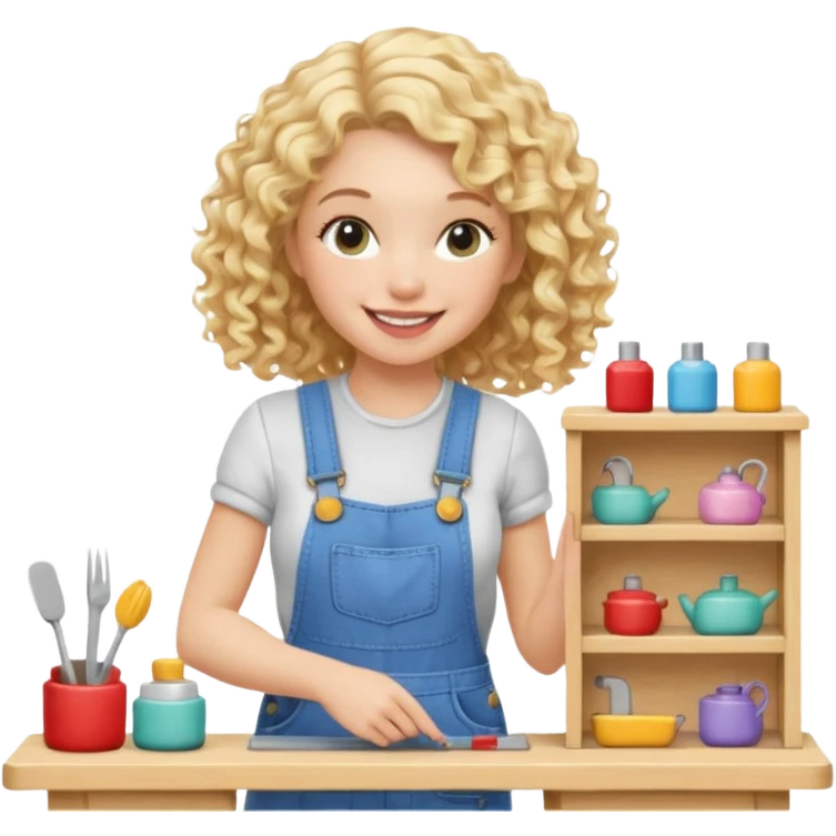 smiling blonde curly woman arranging furniture in doll house with overalls emoji