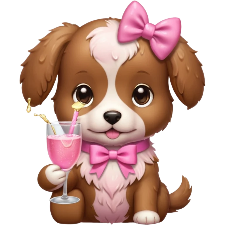 Cute brown puddle puppy with a pink bow and a cup of pink champagne emoji