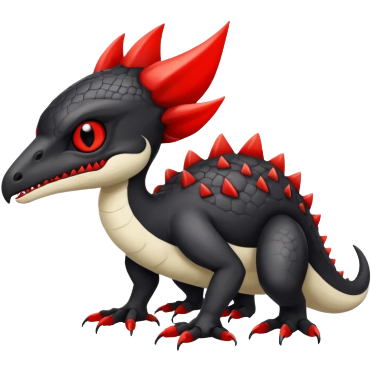 a white exotic edgy vernid-fionbr-Fakémon-creature, with black belly and red eyes, full body emoji
