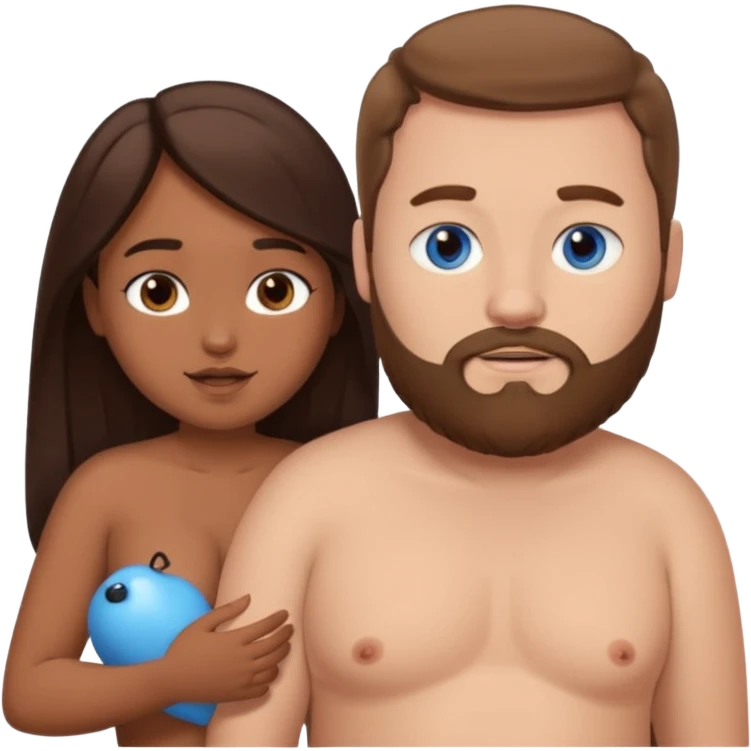 chubby white guy with brown hair and beard and blue eyes, holding a brown girl with long dark hair and dark brown eyes in arms, naked, showing tits emoji