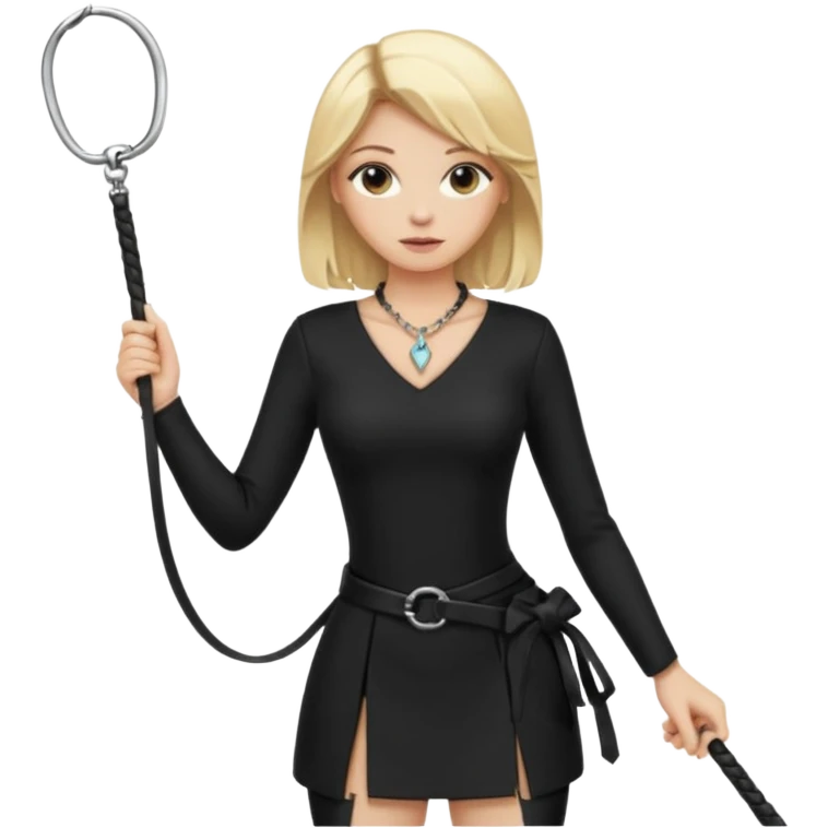 Dominatrix with blonde hair, black outfit, long key necklace, and a whip emoji