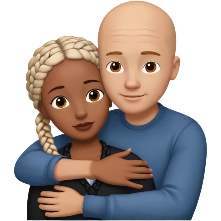 Bald white guy hugging black female friend with braids emoji