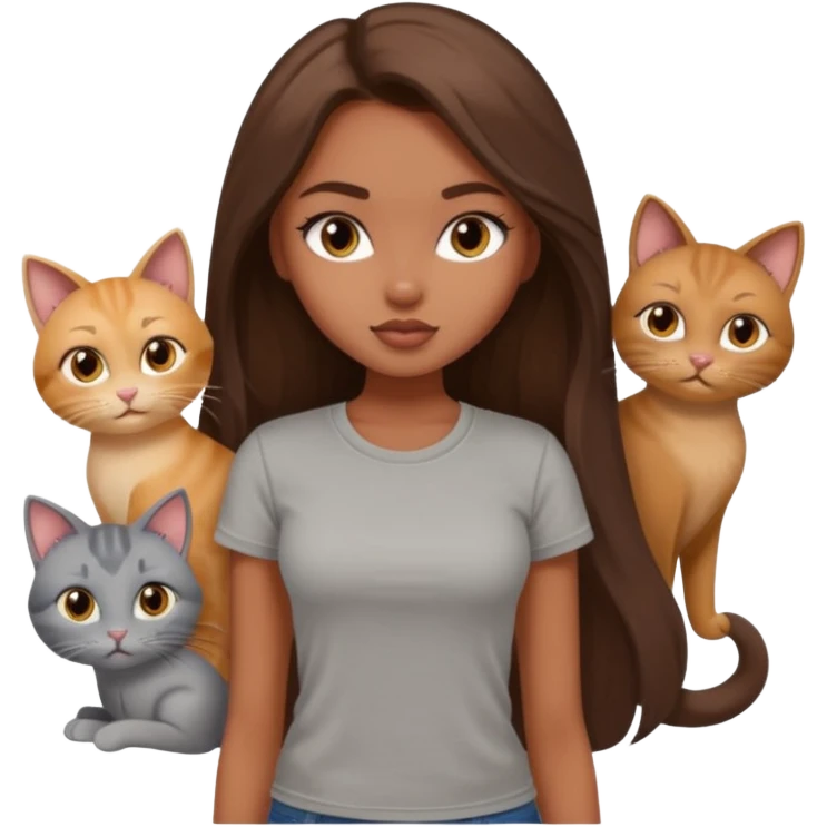 a pretty bratz dusky girl with long brown hair with six cats nd wearing a grey tshirt emoji
