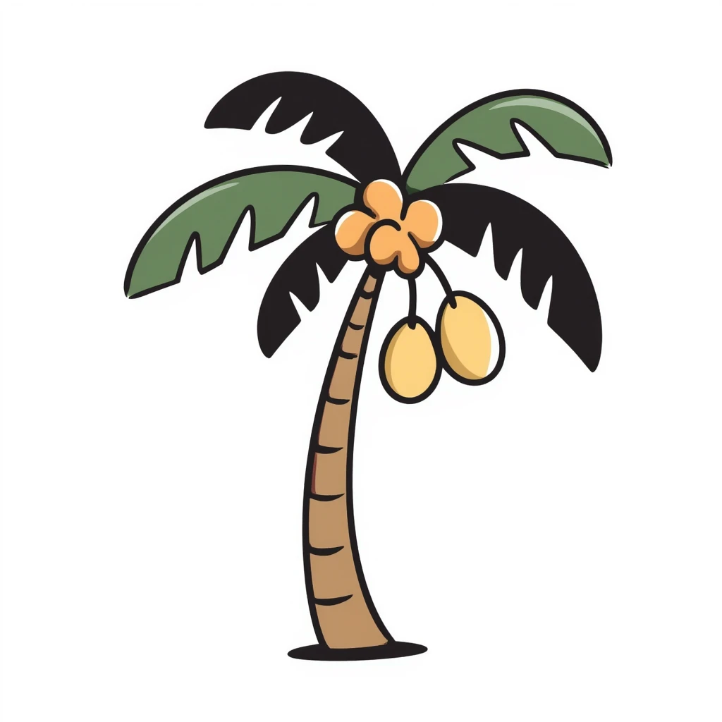 a palm tree with a curved trunk, large fronds, and coconuts, in pastel colors dd9fb0, ffc6d3, a3bfc9, c4bee2, f1b091, detailed hand-drawn doodle style emoji