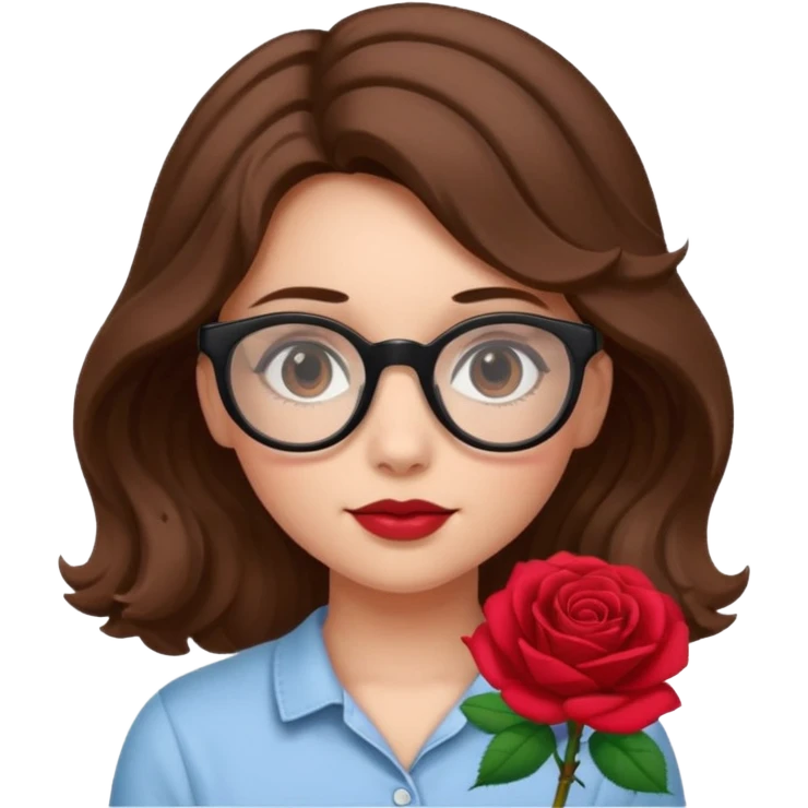 Una ragazza con capelli castani mossi e indossi occhiali neri e con una piccola rosa in testa emoji