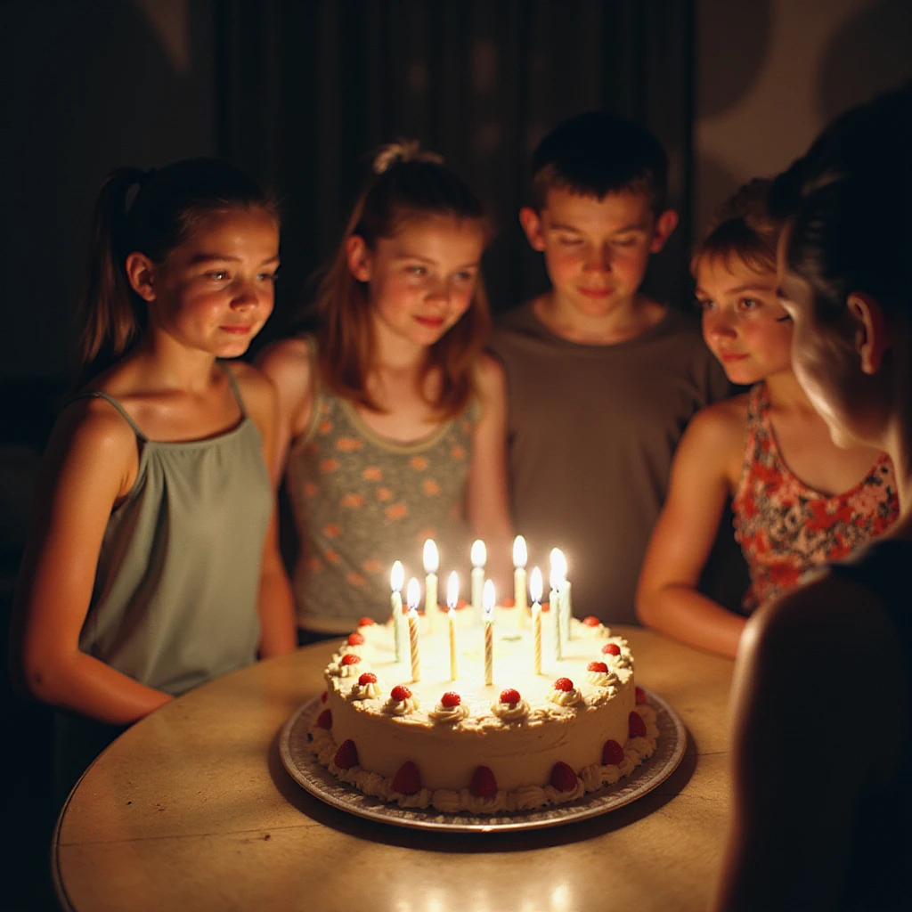 early 2000s digital camera style photograph of a birthday party, low quality, harsh flash, visible noise, candid moment, people around a cake emoji