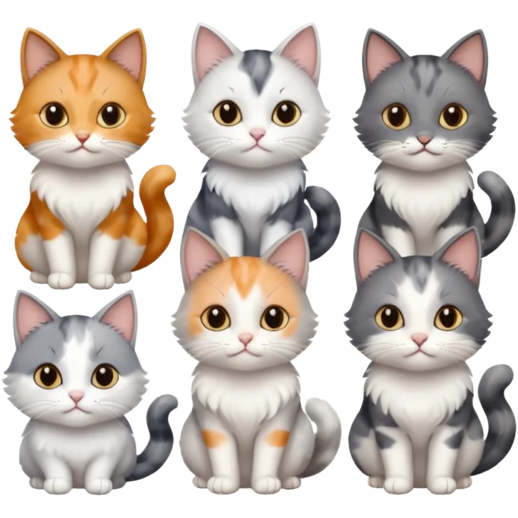6 realistic looking cats with different natural coloured coats, assorted grey and white, greys, calico, brown and white colours etc
 emoji