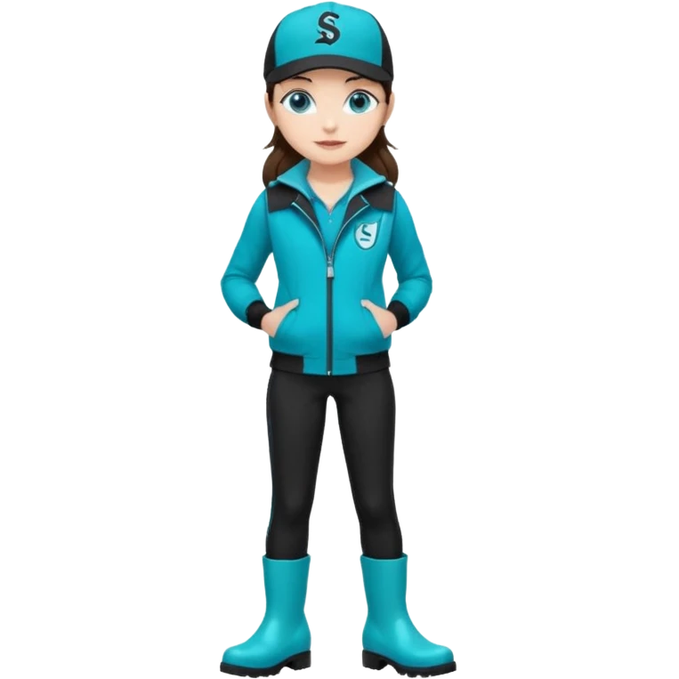 A landscaper in a beautiful turquoise jacket, turquoise rubber boots, and black pants. Over the turquoise jacket, she wears a black sleeveless vest. On her head, she wears a black Swissotel baseball cap. The girl is a brunette with blue eyes. emoji