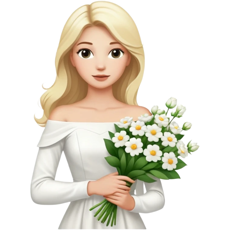 blonde woman in a white off-shoulder dress with long sleeves and a bouquet of white flowers in a white bag in her right hand emoji