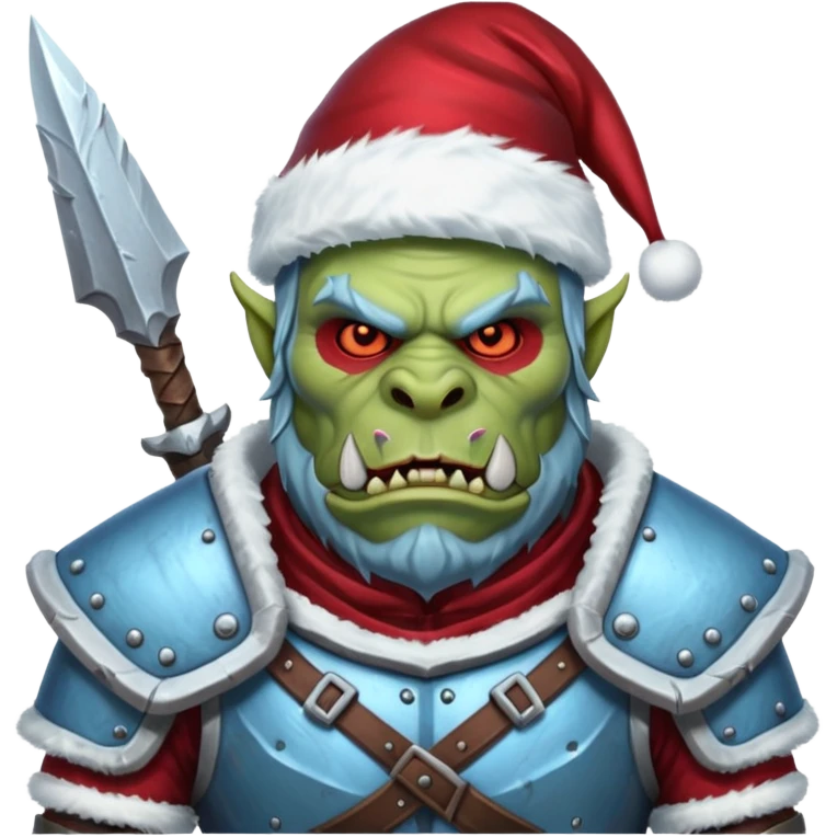 
Fantasy Christmas orc legion soldier icon, iron tundra army theme, heavy winter armor, disciplined brutal look, icy blue steel armor with deep crimson accents, frozen metal texture, cold winter atmosphere, male variant emoji