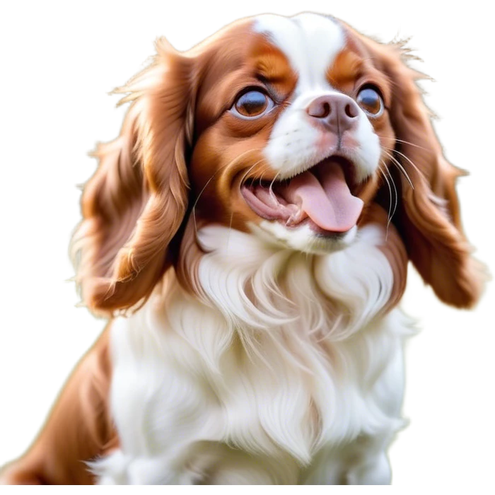 Cinematic Cute Yawning Blenheim Cavalier King Charles Spaniel Portrait Emoji, Head tilted slightly with a dramatic, wide-open yawn, soft Blenheim coat with delicate chestnut and white markings, floppy ears slightly drooping, round brown eyes barely open in drowsy contentment, Simplified yet irresistibly adorable features, highly detailed, glowing with a soft, cozy glow, high shine, relaxed yet expressive, stylized with a touch of whimsy, bright and endearing, soft glowing outline, capturing the essence of a sleepy yet affectionate companion, so drowsy it feels like it could stretch right out of the screen and curl up for a nap! emoji
