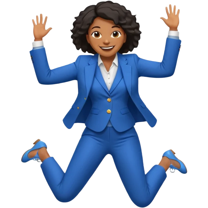 black woman in a blue smart suit and shoes, jumping with joy, emoji style emoji