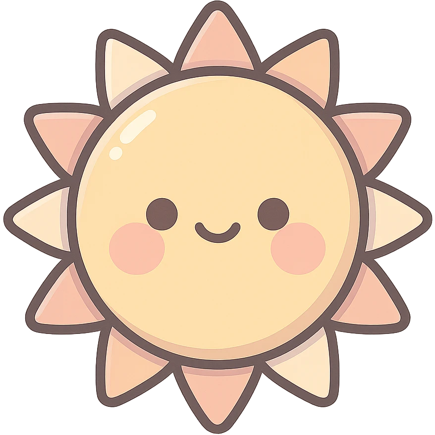 A series Sun of illustrations in a kawaii emoji style, with detailed shading and highlights, thin clean outlines, soft and rounded features. Pastel color palette using #98B5BC, #B5B3C1, #C9A3C9, #E4C0CA, #F7DCD1,#F7C0AA. The style is inspired by modern Japanese pop art and sticker aesthetics. Highly detailed, vector clarity, soft lighting and subtle shadows. Transparent background without background. emoji