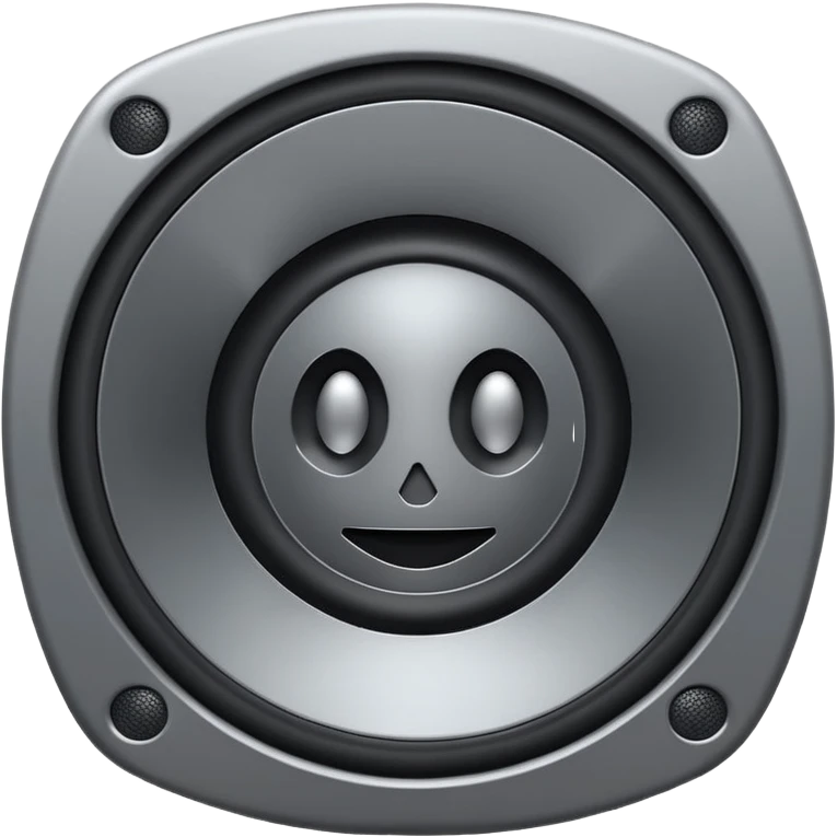 Minimal emoji icon of a modern metallic speaker, front view, detailed geometry, dark metallic body, subtle highlights, isolated emoji